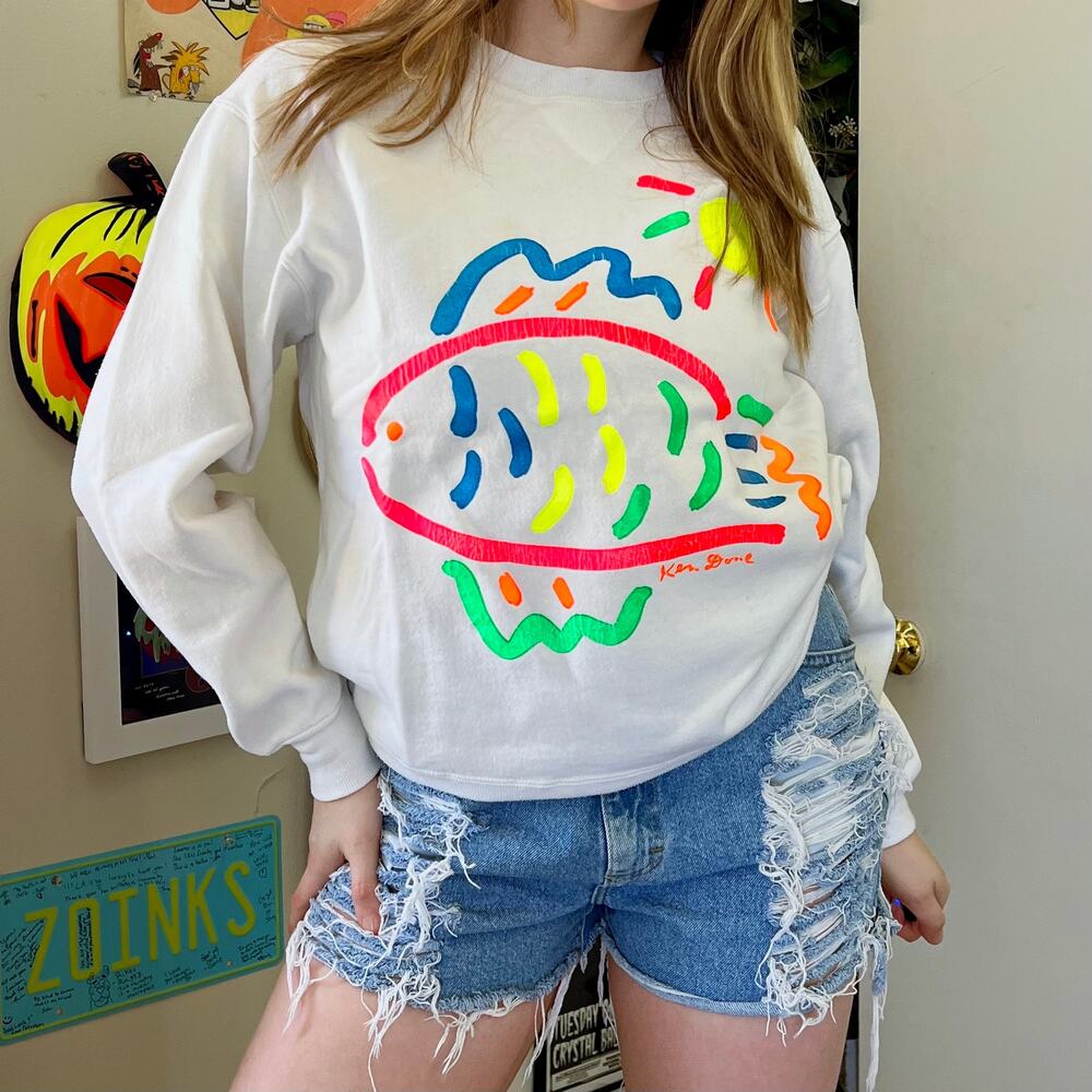 Vintage 1990s Ken Done Neon Fish Sweatshirt Size Large Finger Paint Artist